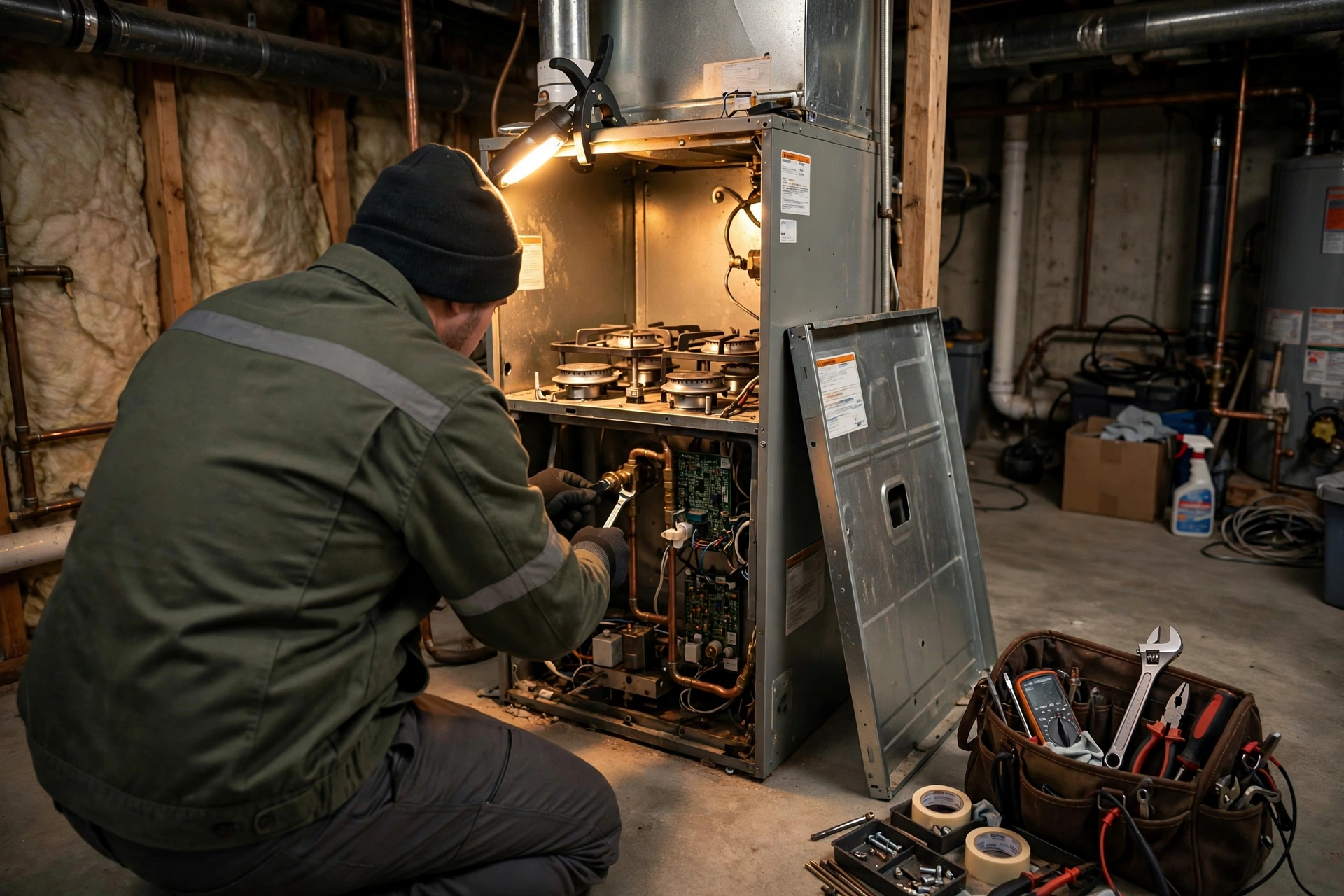 Technician servicing a gas furnace in a Norristown, PA basement during winter