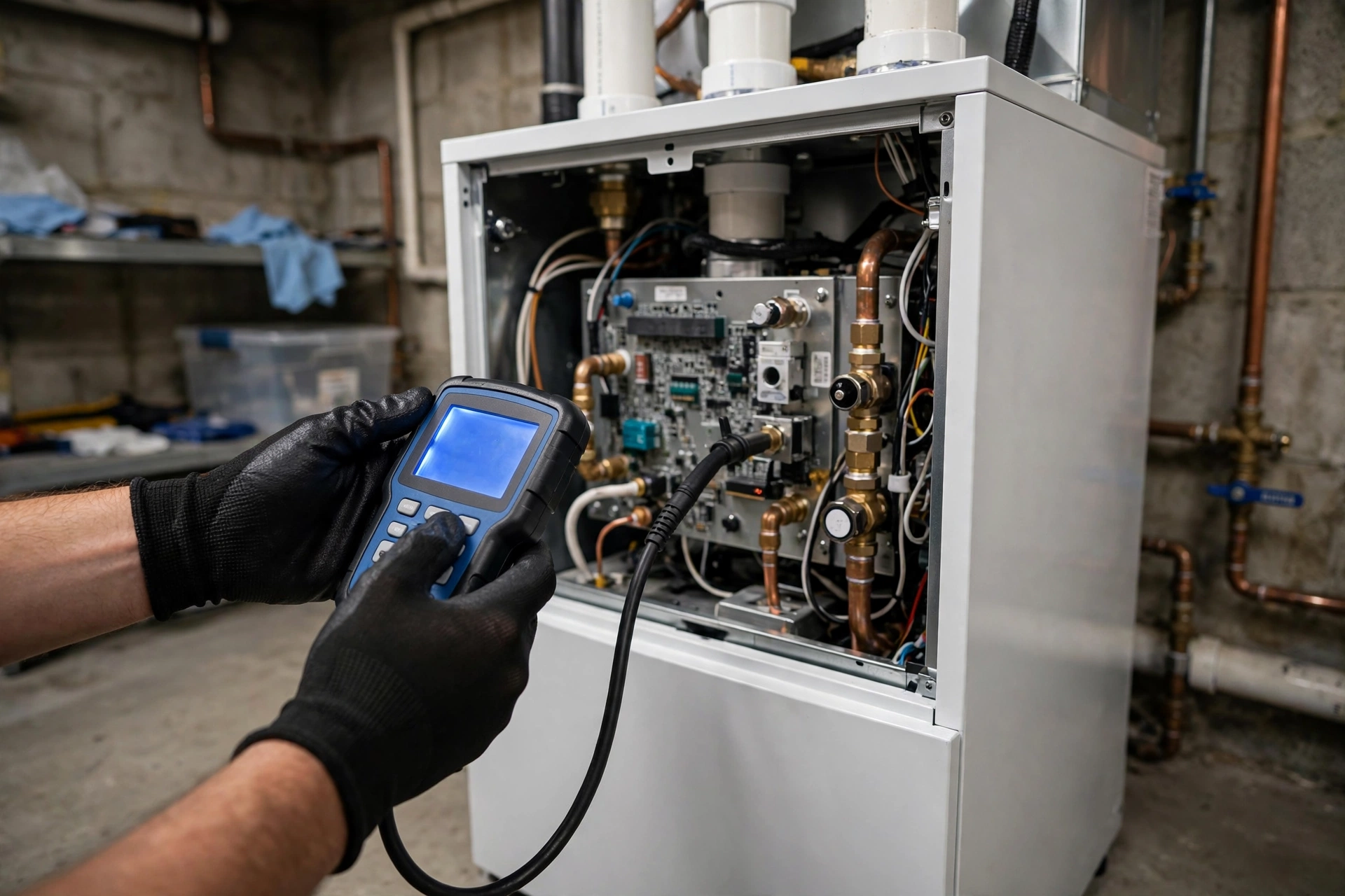 Technician cleaning a furnace blower assembly in Norristown, PA